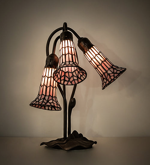 Meyda Lighting Stained Glass Pond Lily 16" 3-Light Mahogany Bronze Accent Table Lamp With Pink Art Shade Glass
