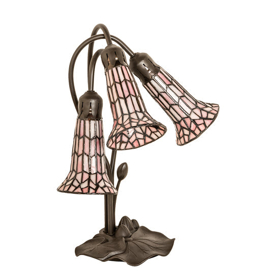 Meyda Lighting Stained Glass Pond Lily 16" 3-Light Mahogany Bronze Accent Table Lamp With Pink Art Shade Glass