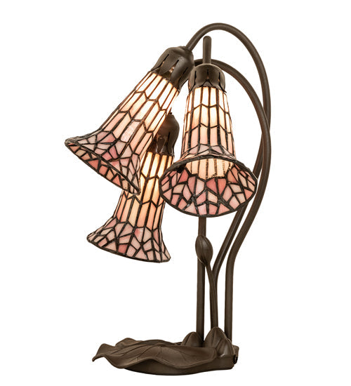 Meyda Lighting Stained Glass Pond Lily 16" 3-Light Mahogany Bronze Accent Table Lamp With Pink Art Shade Glass
