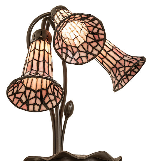 Meyda Lighting Stained Glass Pond Lily 16" 3-Light Mahogany Bronze Accent Table Lamp With Pink Art Shade Glass