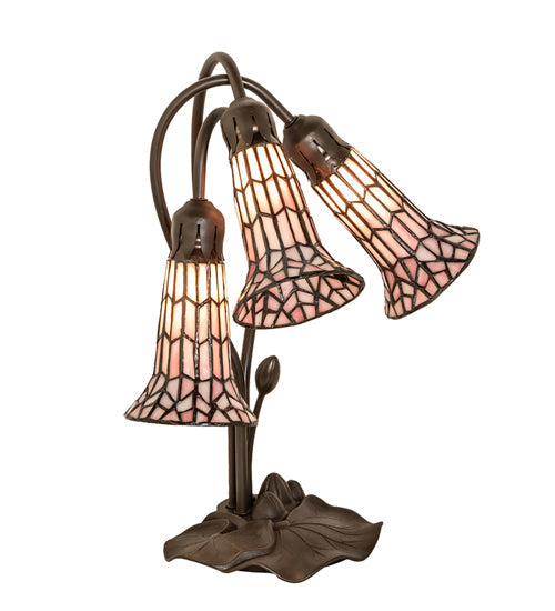 Meyda Lighting Stained Glass Pond Lily 16" 3-Light Mahogany Bronze Accent Table Lamp With Pink Art Shade Glass