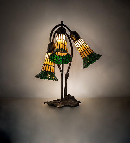 Meyda Lighting Stained Glass Pond Lily 16" 3-Light Mahogany Bronze Accent Table Lamp With Yellow & Green Shade Glass