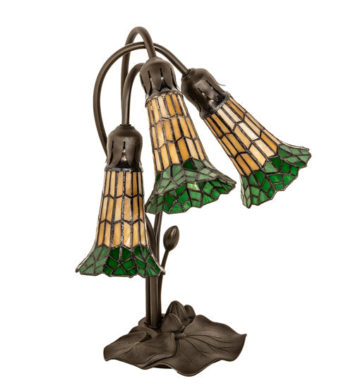 Meyda Lighting Stained Glass Pond Lily 16" 3-Light Mahogany Bronze Accent Table Lamp With Yellow & Green Shade Glass