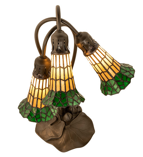 Meyda Lighting Stained Glass Pond Lily 16" 3-Light Mahogany Bronze Accent Table Lamp With Yellow & Green Shade Glass