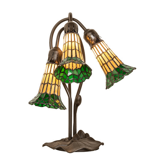 Meyda Lighting Stained Glass Pond Lily 16" 3-Light Mahogany Bronze Accent Table Lamp With Yellow & Green Shade Glass