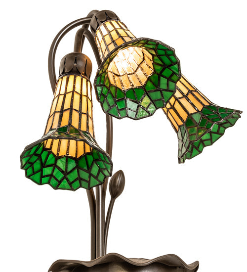 Meyda Lighting Stained Glass Pond Lily 16" 3-Light Mahogany Bronze Accent Table Lamp With Yellow & Green Shade Glass