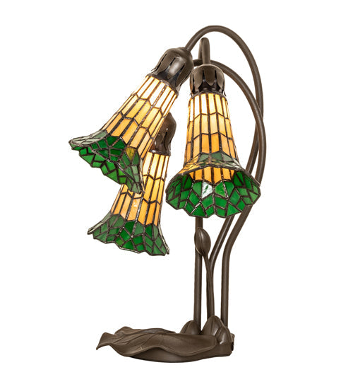 Meyda Lighting Stained Glass Pond Lily 16" 3-Light Mahogany Bronze Accent Table Lamp With Yellow & Green Shade Glass