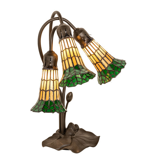 Meyda Lighting Stained Glass Pond Lily 16" 3-Light Mahogany Bronze Accent Table Lamp With Yellow & Green Shade Glass