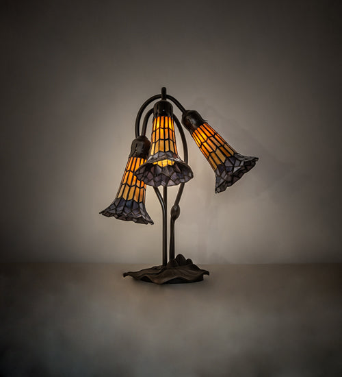Meyda Lighting Stained Glass Pond Lily 16" 3-Light Mahogany Bronze Accent Table Lamp With Yellow & Violet Shade Glass
