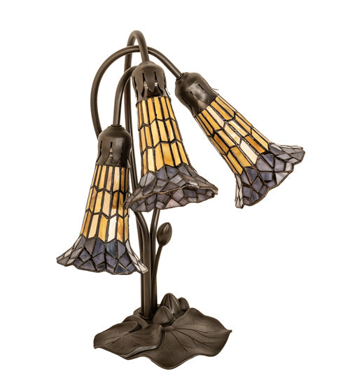 Meyda Lighting Stained Glass Pond Lily 16" 3-Light Mahogany Bronze Accent Table Lamp With Yellow & Violet Shade Glass