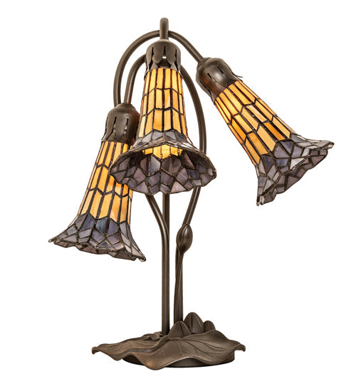 Meyda Lighting Stained Glass Pond Lily 16" 3-Light Mahogany Bronze Accent Table Lamp With Yellow & Violet Shade Glass