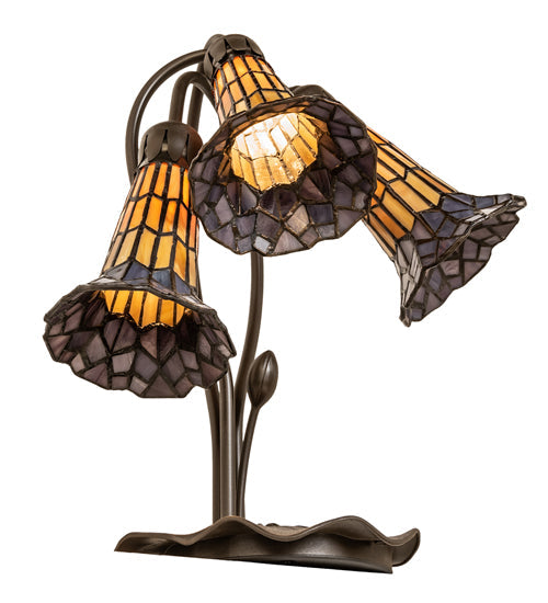 Meyda Lighting Stained Glass Pond Lily 16" 3-Light Mahogany Bronze Accent Table Lamp With Yellow & Violet Shade Glass