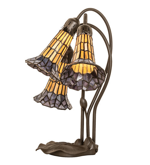 Meyda Lighting Stained Glass Pond Lily 16" 3-Light Mahogany Bronze Accent Table Lamp With Yellow & Violet Shade Glass