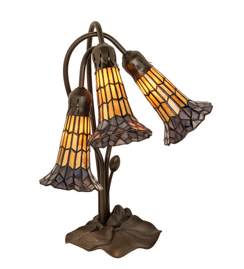 Meyda Lighting Stained Glass Pond Lily 16" 3-Light Mahogany Bronze Accent Table Lamp With Yellow & Violet Shade Glass