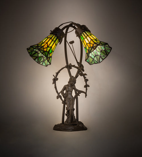 Meyda Lighting Stained Glass Pond Lily 17" 2-Light Mahogany Bronze Trellis Girl Accent Table Lamp With Green Shade Glass