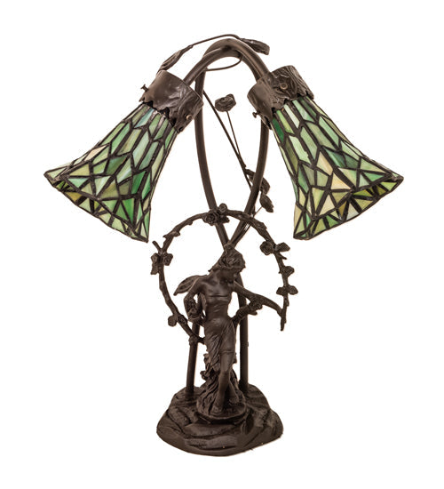 Meyda Lighting Stained Glass Pond Lily 17" 2-Light Mahogany Bronze Trellis Girl Accent Table Lamp With Green Shade Glass
