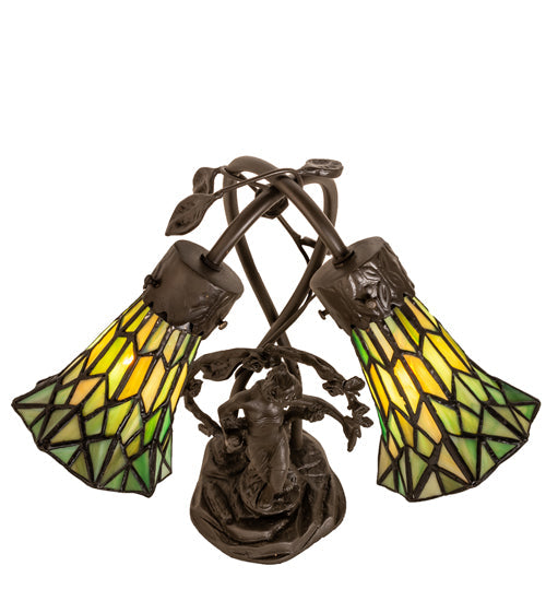 Meyda Lighting Stained Glass Pond Lily 17" 2-Light Mahogany Bronze Trellis Girl Accent Table Lamp With Green Shade Glass