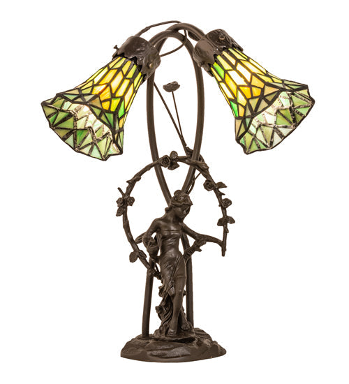 Meyda Lighting Stained Glass Pond Lily 17" 2-Light Mahogany Bronze Trellis Girl Accent Table Lamp With Green Shade Glass