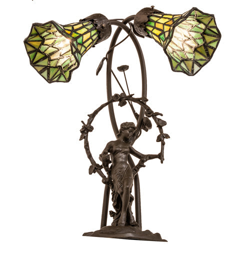Meyda Lighting Stained Glass Pond Lily 17" 2-Light Mahogany Bronze Trellis Girl Accent Table Lamp With Green Shade Glass