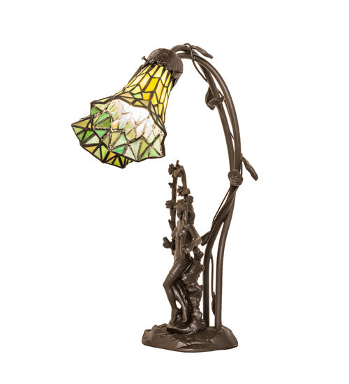 Meyda Lighting Stained Glass Pond Lily 17" 2-Light Mahogany Bronze Trellis Girl Accent Table Lamp With Green Shade Glass