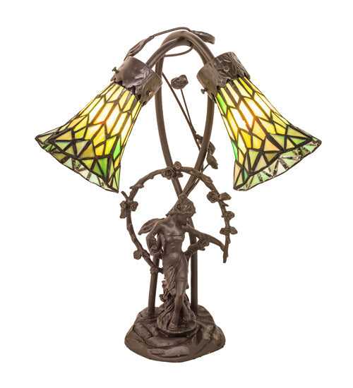 Meyda Lighting Stained Glass Pond Lily 17" 2-Light Mahogany Bronze Trellis Girl Accent Table Lamp With Green Shade Glass
