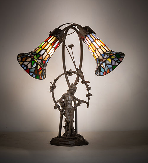 Meyda Lighting Stained Glass Pond Lily 17" 2-Light Mahogany Bronze Trellis Girl Accent Table Lamp With Multi-Colored Shade Glass