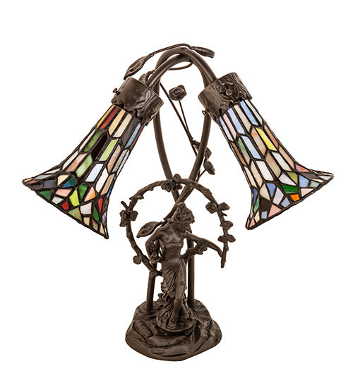Meyda Lighting Stained Glass Pond Lily 17" 2-Light Mahogany Bronze Trellis Girl Accent Table Lamp With Multi-Colored Shade Glass