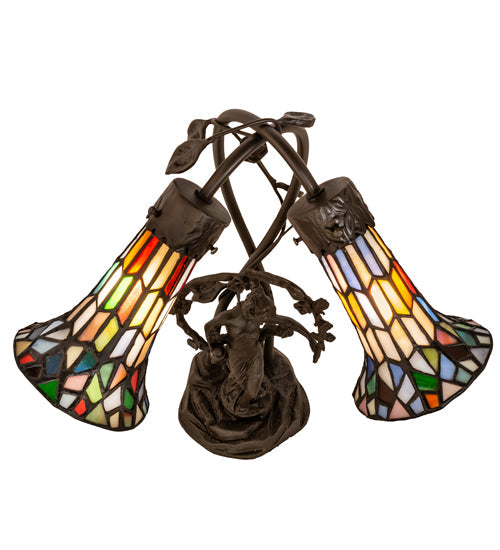 Meyda Lighting Stained Glass Pond Lily 17" 2-Light Mahogany Bronze Trellis Girl Accent Table Lamp With Multi-Colored Shade Glass