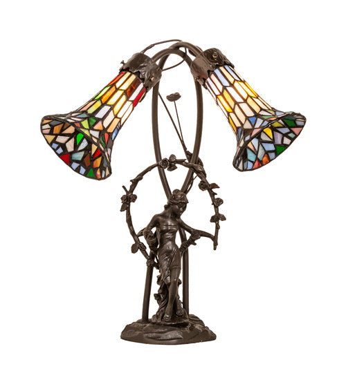 Meyda Lighting Stained Glass Pond Lily 17" 2-Light Mahogany Bronze Trellis Girl Accent Table Lamp With Multi-Colored Shade Glass