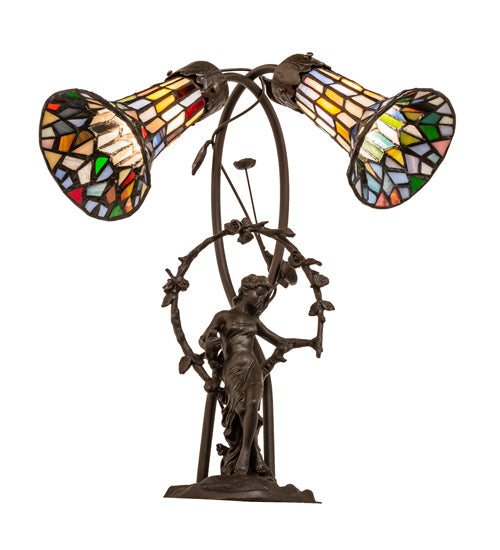 Meyda Lighting Stained Glass Pond Lily 17" 2-Light Mahogany Bronze Trellis Girl Accent Table Lamp With Multi-Colored Shade Glass