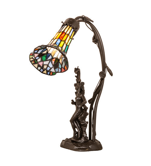 Meyda Lighting Stained Glass Pond Lily 17" 2-Light Mahogany Bronze Trellis Girl Accent Table Lamp With Multi-Colored Shade Glass