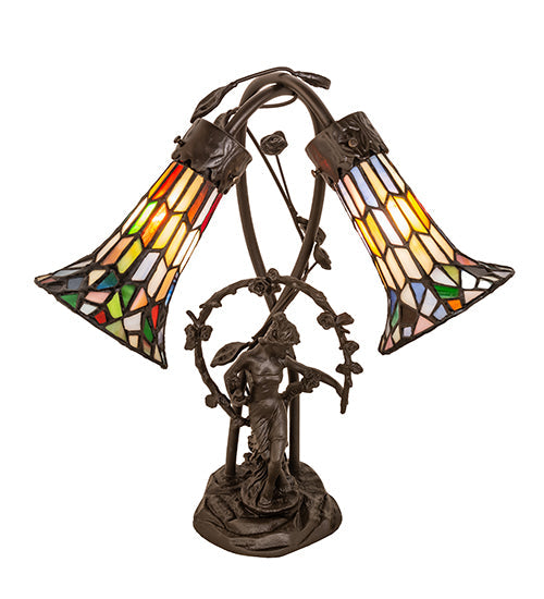 Meyda Lighting Stained Glass Pond Lily 17" 2-Light Mahogany Bronze Trellis Girl Accent Table Lamp With Multi-Colored Shade Glass