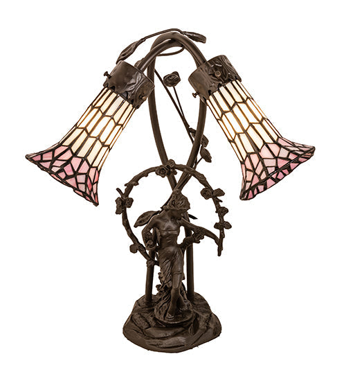 Meyda Lighting Stained Glass Pond Lily 17" 2-Light Mahogany Bronze Trellis Girl Accent Table Lamp With Pink & White Shade Glass