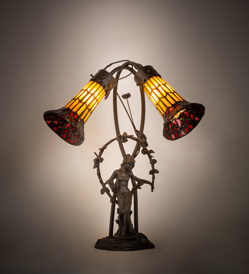 Meyda Lighting Stained Glass Pond Lily 17" 2-Light Mahogany Bronze Trellis Girl Accent Table Lamp With Yellow & Red Shade Glass