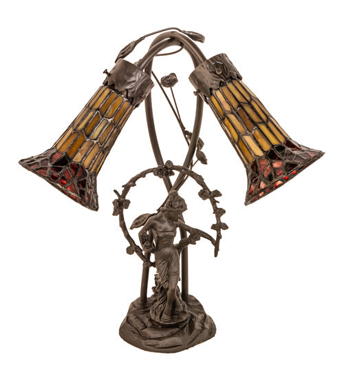 Meyda Lighting Stained Glass Pond Lily 17" 2-Light Mahogany Bronze Trellis Girl Accent Table Lamp With Yellow & Red Shade Glass