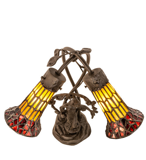 Meyda Lighting Stained Glass Pond Lily 17" 2-Light Mahogany Bronze Trellis Girl Accent Table Lamp With Yellow & Red Shade Glass