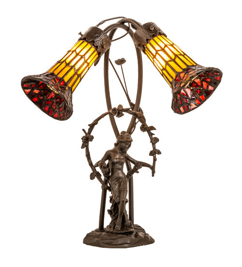 Meyda Lighting Stained Glass Pond Lily 17" 2-Light Mahogany Bronze Trellis Girl Accent Table Lamp With Yellow & Red Shade Glass