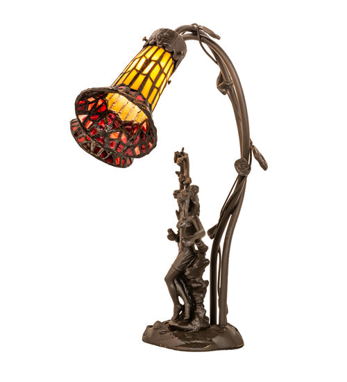 Meyda Lighting Stained Glass Pond Lily 17" 2-Light Mahogany Bronze Trellis Girl Accent Table Lamp With Yellow & Red Shade Glass
