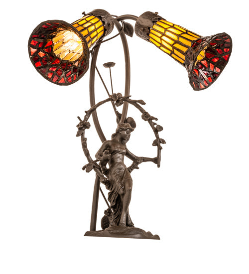 Meyda Lighting Stained Glass Pond Lily 17" 2-Light Mahogany Bronze Trellis Girl Accent Table Lamp With Yellow & Red Shade Glass