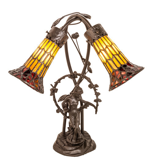 Meyda Lighting Stained Glass Pond Lily 17" 2-Light Mahogany Bronze Trellis Girl Accent Table Lamp With Yellow & Red Shade Glass