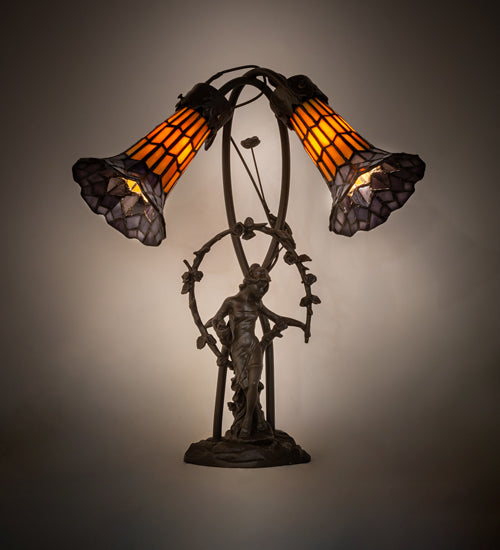 Meyda Lighting Stained Glass Pond Lily 17" 2-Light Mahogany Bronze Trellis Girl Accent Table Lamp With Yellow & Violet Shade Glass
