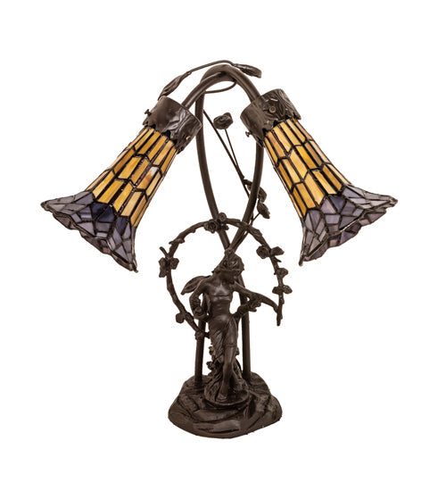 Meyda Lighting Stained Glass Pond Lily 17" 2-Light Mahogany Bronze Trellis Girl Accent Table Lamp With Yellow & Violet Shade Glass