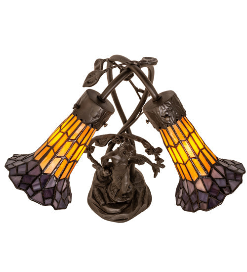 Meyda Lighting Stained Glass Pond Lily 17" 2-Light Mahogany Bronze Trellis Girl Accent Table Lamp With Yellow & Violet Shade Glass