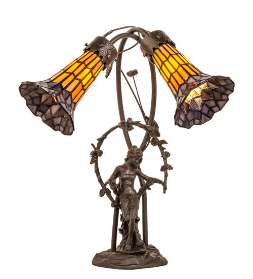 Meyda Lighting Stained Glass Pond Lily 17" 2-Light Mahogany Bronze Trellis Girl Accent Table Lamp With Yellow & Violet Shade Glass