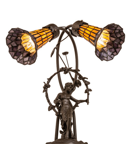 Meyda Lighting Stained Glass Pond Lily 17" 2-Light Mahogany Bronze Trellis Girl Accent Table Lamp With Yellow & Violet Shade Glass
