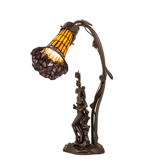 Meyda Lighting Stained Glass Pond Lily 17" 2-Light Mahogany Bronze Trellis Girl Accent Table Lamp With Yellow & Violet Shade Glass
