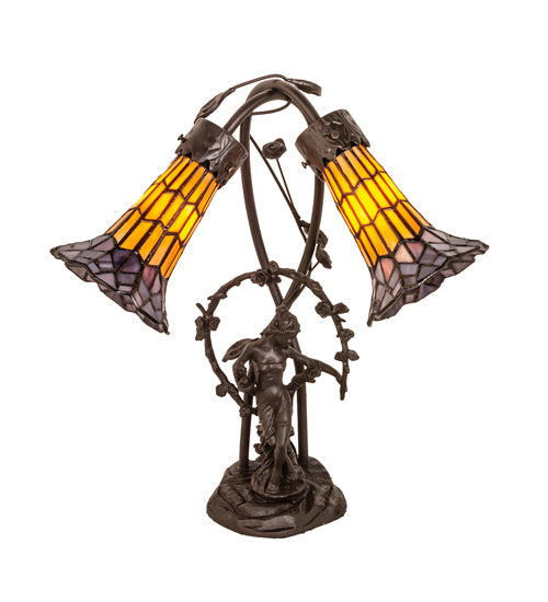 Meyda Lighting Stained Glass Pond Lily 17" 2-Light Mahogany Bronze Trellis Girl Accent Table Lamp With Yellow & Violet Shade Glass