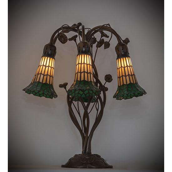 Meyda Lighting Stained Glass Pond Lily 19" 6-Light Mahogany Bronze Table Lamp With Amber & Green Shade Glass