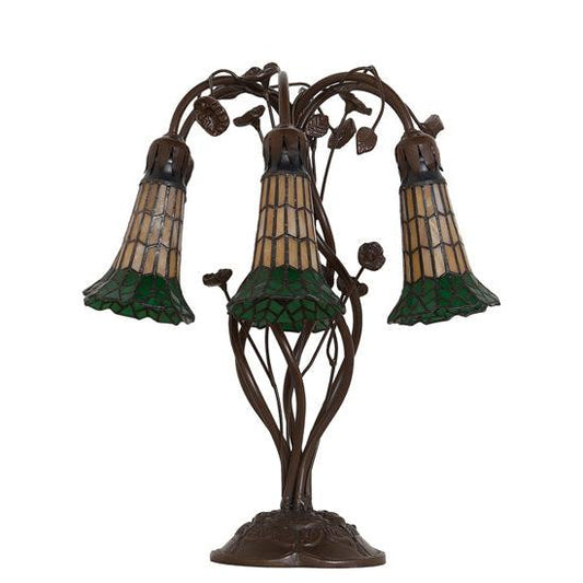 Meyda Lighting Stained Glass Pond Lily 19" 6-Light Mahogany Bronze Table Lamp With Amber & Green Shade Glass