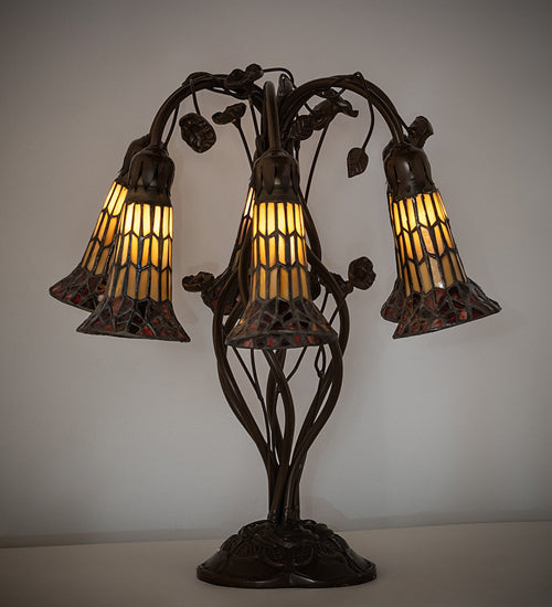 Meyda Lighting Stained Glass Pond Lily 19" 6-Light Mahogany Bronze Table Lamp With Amber & Red Shade Glass
